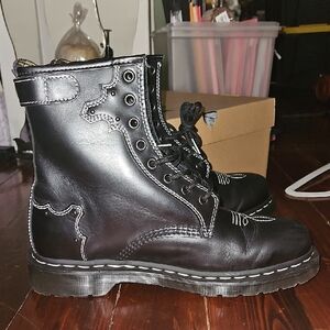 Dr. Martens Gothic Americana Black Leather Combat Boots with White Stitching